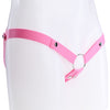 Pink elasticated waist strap with popper buttons on each side and below the metal o-ring.