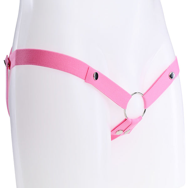Pink elasticated waist strap with popper buttons on each side and below the metal o-ring.