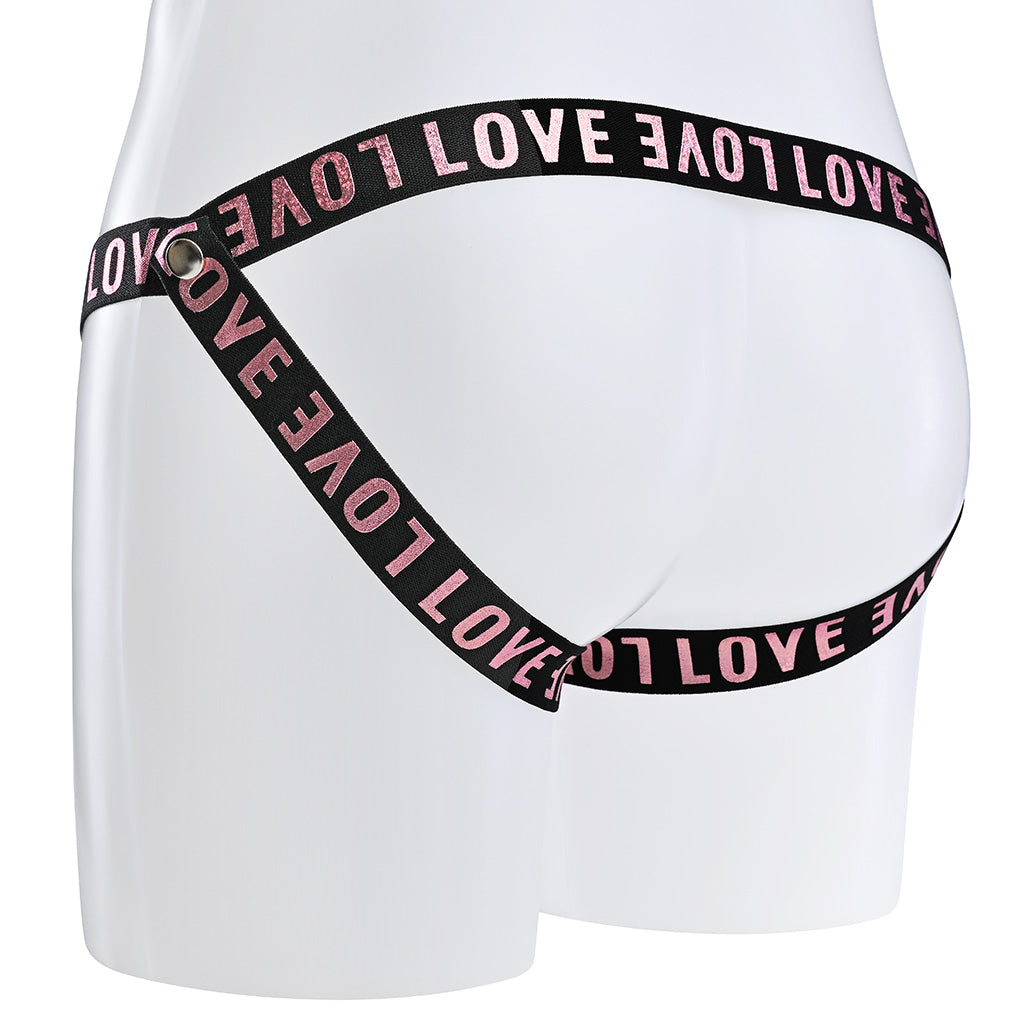 Jockstrap style rear of the black multi strap belt with love printed in pink text.