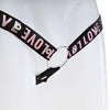 Close up of the black strap with pink love text attached to a metal o-ring.