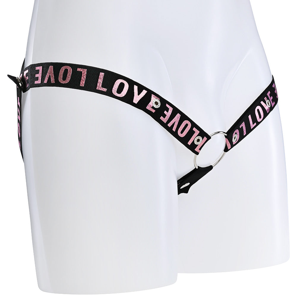 A black elasticated 3 way waist strap with the word Love covering it in pink text.