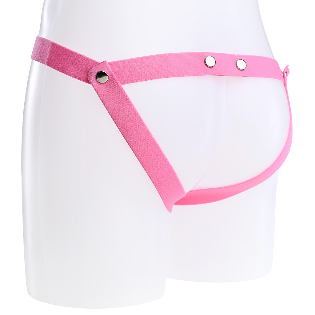Jockstrap rear design with metal buttons on the pink strap.