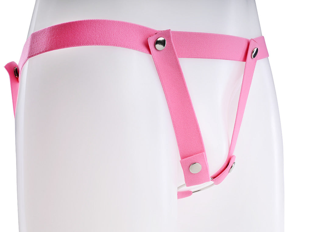 Close up of the pink elastic straps, metal buttons and o-ring.