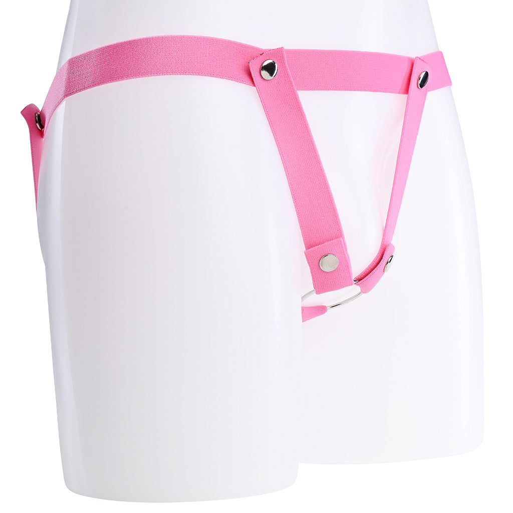 V shaped pink elastic belt design with multiple popper buttons.