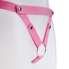 Front of the pink elastic belt with V shaped straps attached to a metal o-ring.