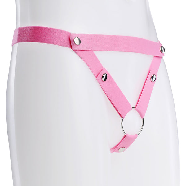 Pink elastic strap with multiple silver buttons and a v shaped belt design.
