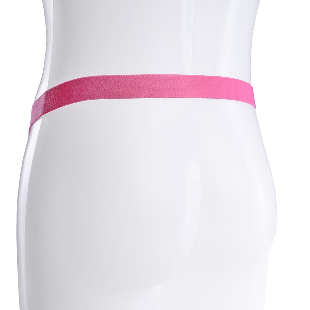 The rear of the strap with a single pink elastic band.