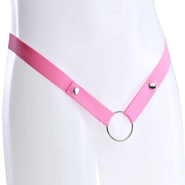 Pink elastic waist strap with multiple button poppers on the front attached to a metal o-ring.