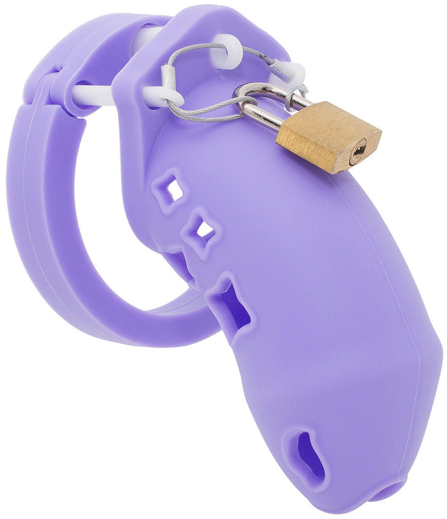 Purple silicone HoD602 cage kit with a cage attached to a back ring and a brass padlock hanging from a metal wire.