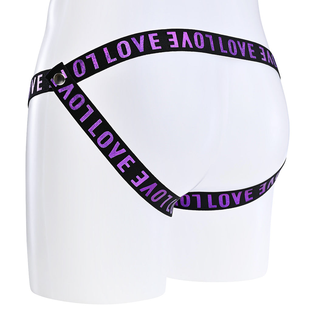 Jockstrap style rear of the black multi strap belt with love printed in purple text.