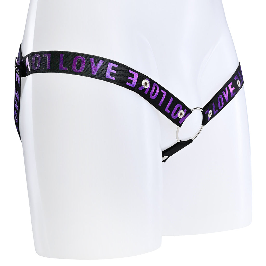 A black elasticated 3 way waist strap with the word Love covering it in purple text.
