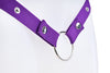 Close up of the poppers and metal o-ring on the purple strap.