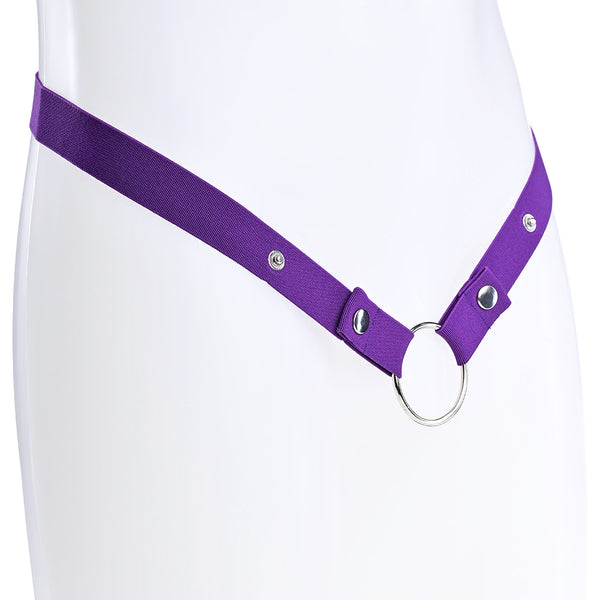 Purple elastic waist strap with multiple button poppers on the front attached to a metal o-ring.