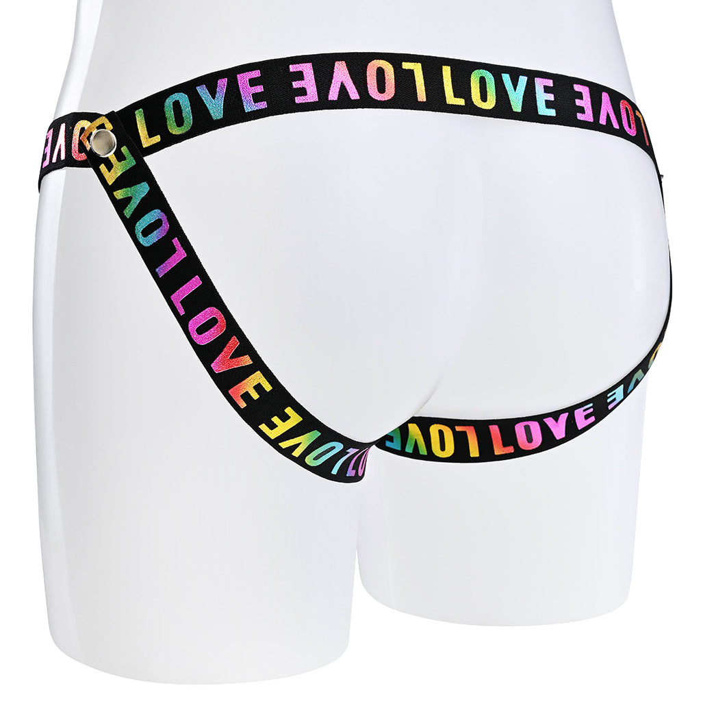 Jockstrap style rear of the black waist strap with love in rainbow colour.