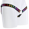 A black elasticated strap with rainbow love wording around it that attaches at 3 different points to a metal o-ring.