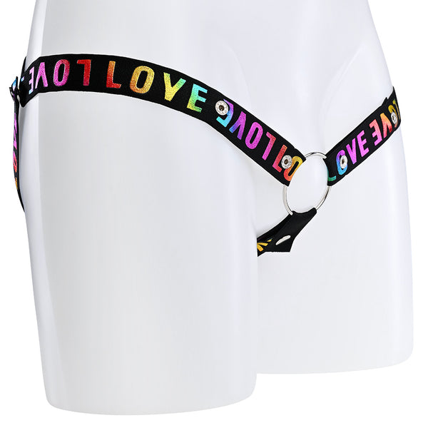 A black elasticated strap with rainbow love wording around it that attaches at 3 different points to a metal o-ring.