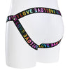 Jockstrap style rear of the black bands with rainbow love text across it.