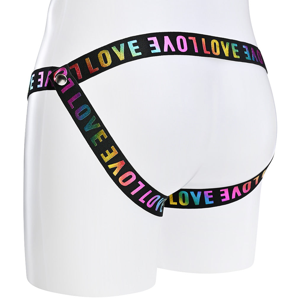 Jockstrap style rear of the black bands with rainbow love text across it.