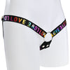 Black elasticated waist strap with popper buttons and Love in rainbow colours on each side and below the metal o-ring.