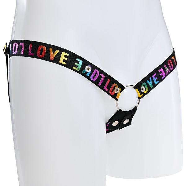Black elasticated waist strap with popper buttons and Love in rainbow colours on each side and below the metal o-ring.