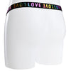 The rear of the strap with a single black elastic band and the word love in rainbow colours.