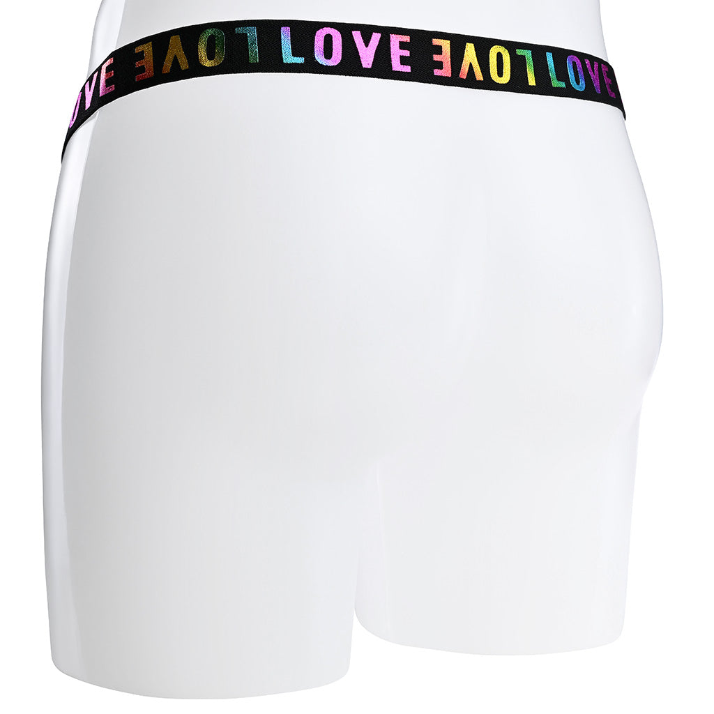 The rear of the strap with a single black elastic band and the word love in rainbow colours.