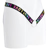 Black elastic waist strap with Love rainbow lettering and multiple button poppers on the front attached to a metal o-ring.