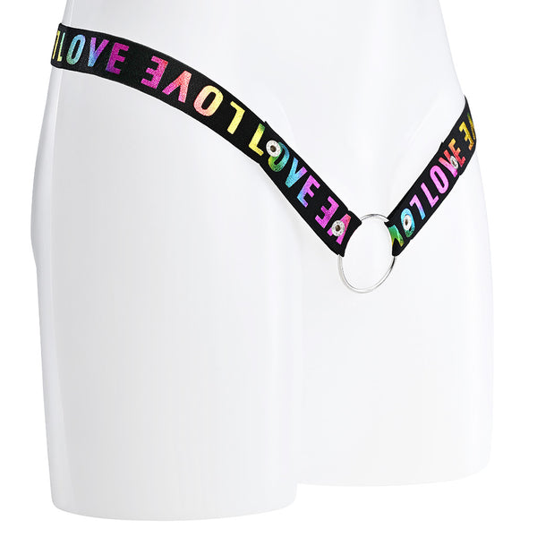 Black elastic waist strap with Love rainbow lettering and multiple button poppers on the front attached to a metal o-ring.