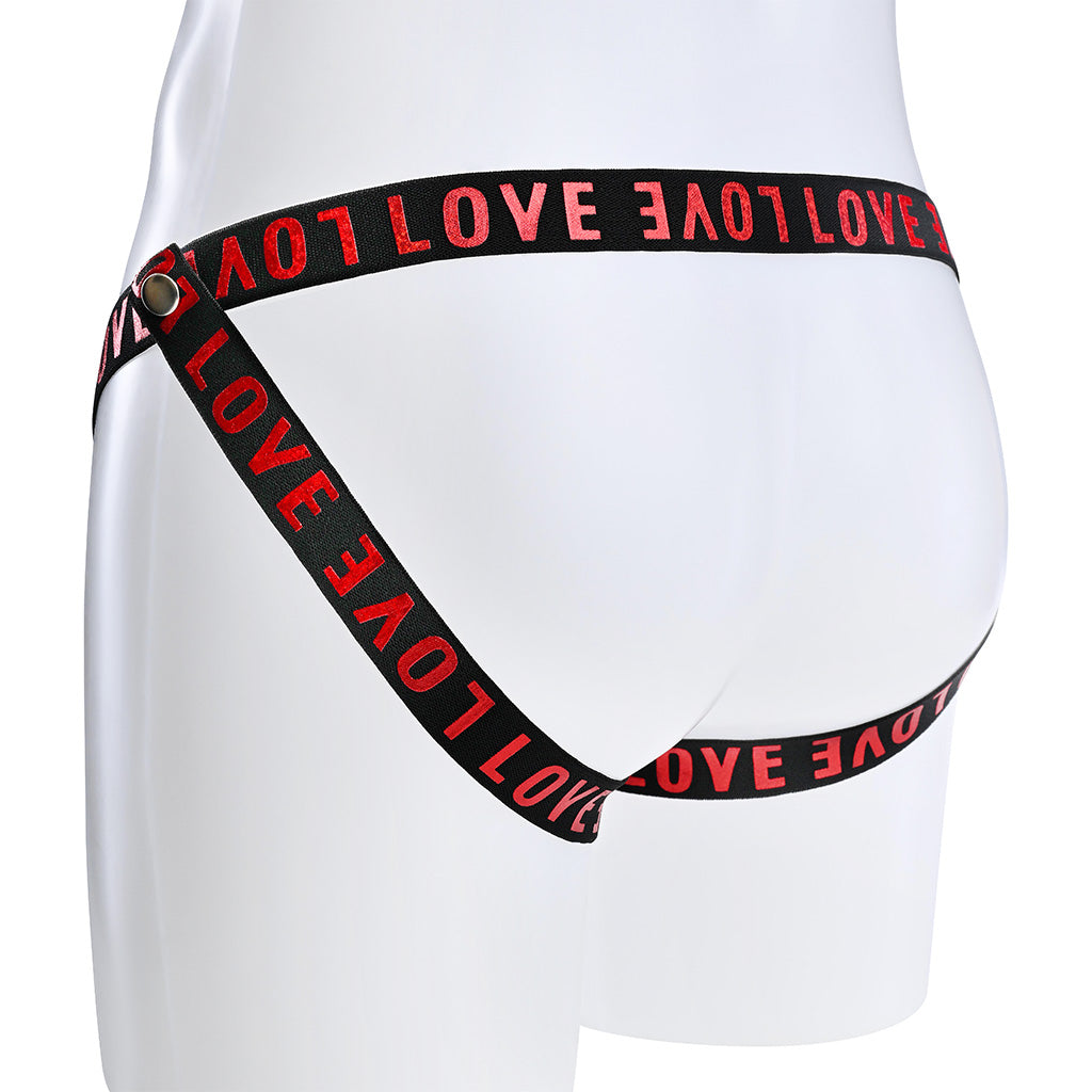 Jockstrap style rear of the black multi strap belt with love printed in red text.