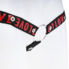 Close up of the black strap with red love text attached to a metal o-ring.