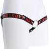 A black elasticated 3 way waist strap with the word Love covering it in red text.