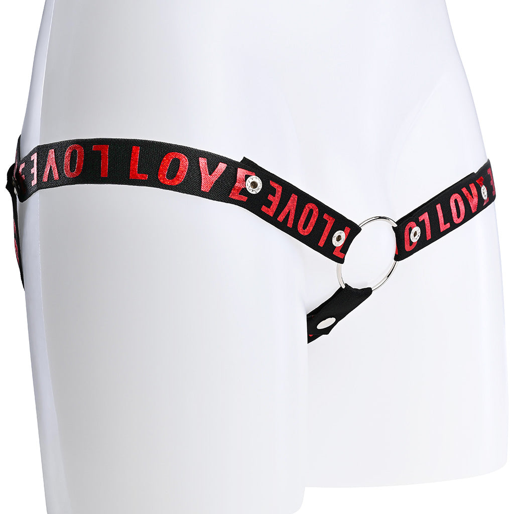A black elasticated 3 way waist strap with the word Love covering it in red text.