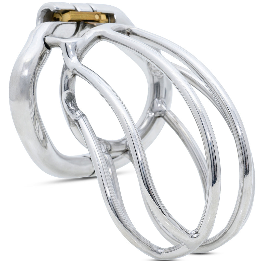 Standard size bird cage style stainless steel cage with attached hinged back ring.