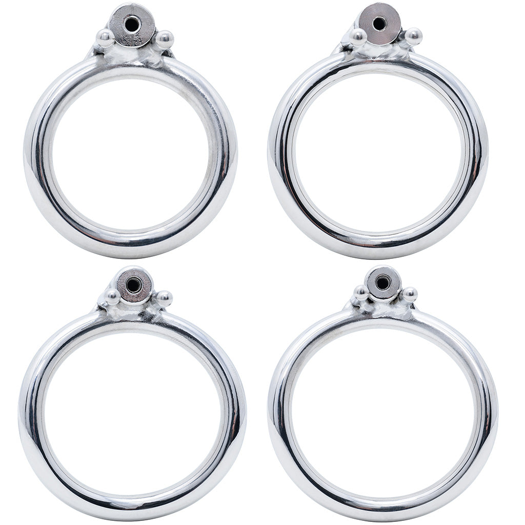 Four polished stainless steel O-shaped back rings arranged in a 2x2 grid on a plain white background.