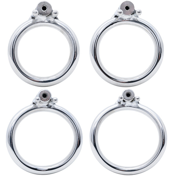 Four polished stainless steel O-shaped back rings arranged in a 2x2 grid on a plain white background.