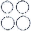 Four polished stainless steel circular metal rings with a small silver mounting tab in different sizes, arranged in a 2x2 grid on a white background.