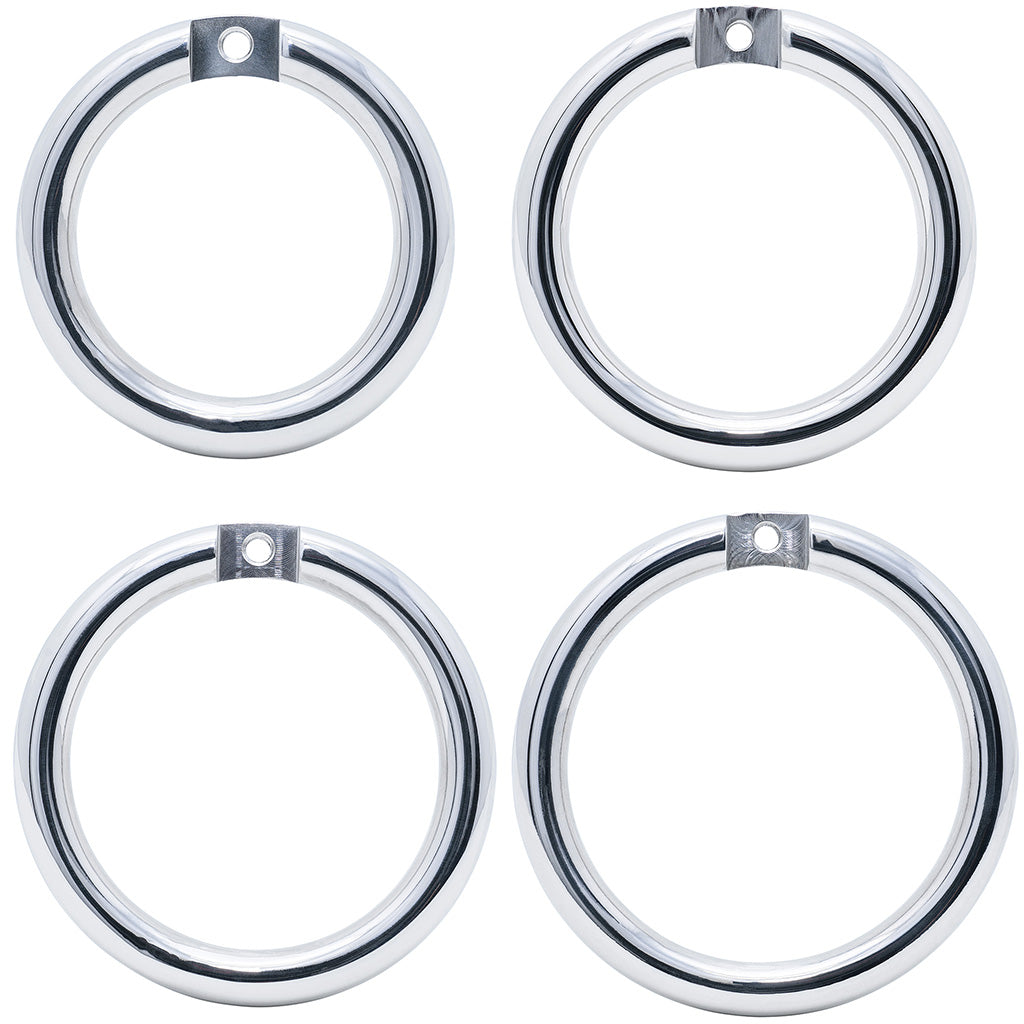 Four polished stainless steel circular metal rings with a small silver mounting tab in different sizes, arranged in a 2x2 grid on a white background.