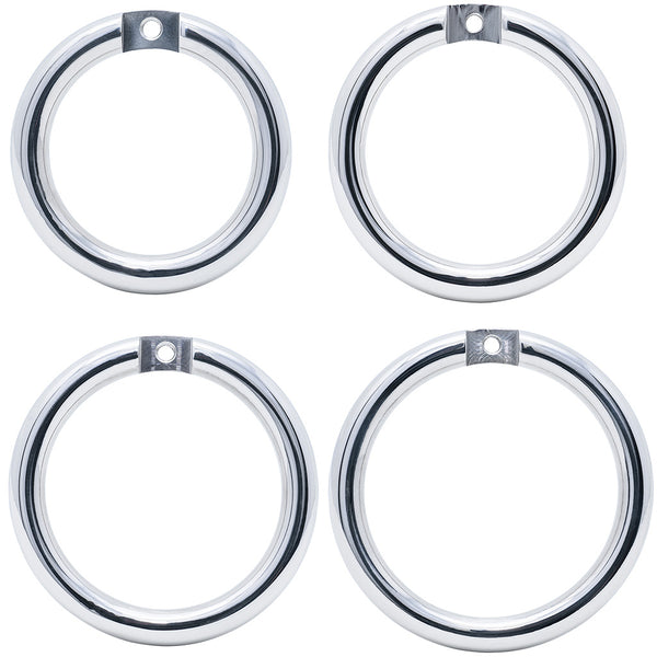Four polished stainless steel circular metal rings with a small silver mounting tab in different sizes, arranged in a 2x2 grid on a white background.