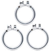 Three stainless steel circular cage back ring clamps with locking encloses at the top of each, arranged on a plain white background.