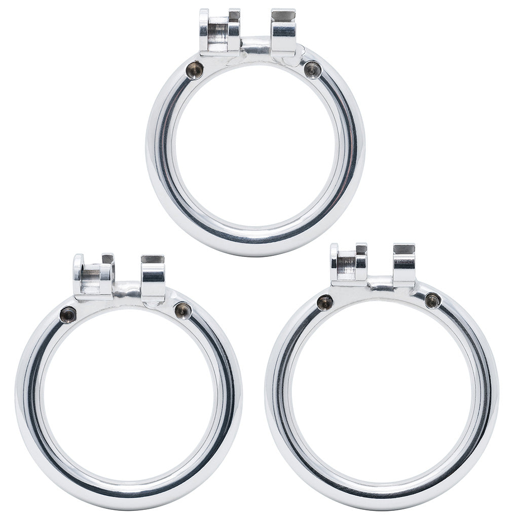 Three stainless steel circular cage back ring clamps with locking encloses at the top of each, arranged on a plain white background.