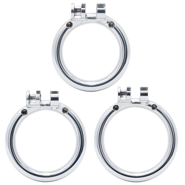 Three stainless steel circular cage back ring clamps with locking encloses at the top of each, arranged on a plain white background.