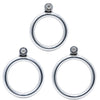 Three polished circular stainless steel back rings with threaded metal locking studs at the top, arranged on a plain white background.