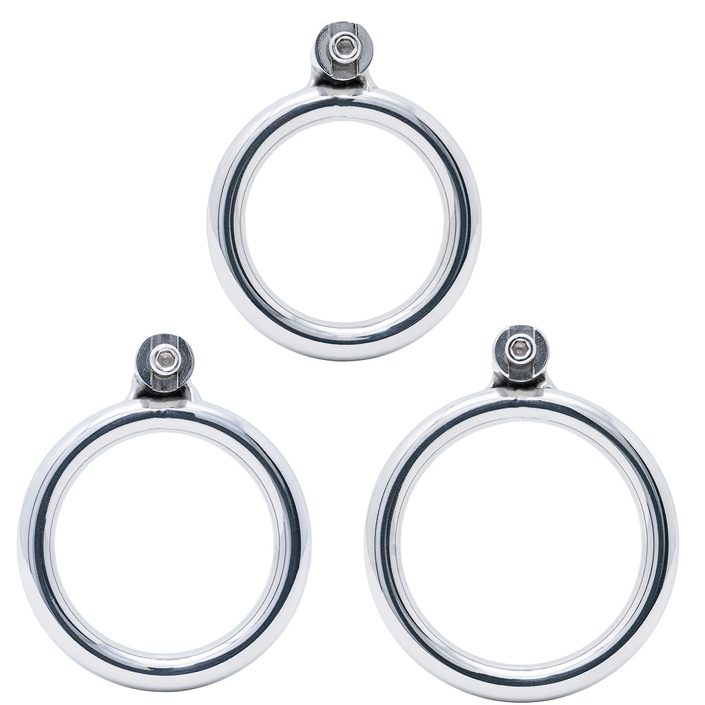 Three polished circular stainless steel back rings with threaded metal locking studs at the top, arranged on a plain white background.