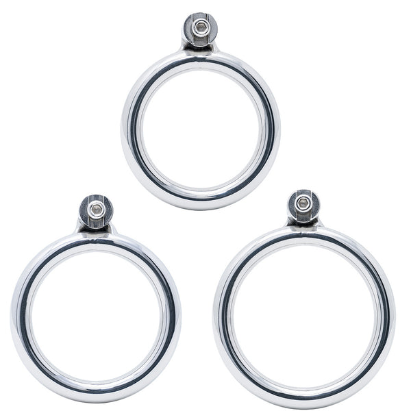 Three polished circular stainless steel back rings with threaded metal locking studs at the top, arranged on a plain white background.