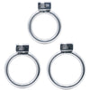 Three stainless steel circular back rings with t-shaped locking tabs at the top, arranged on a plain white background.