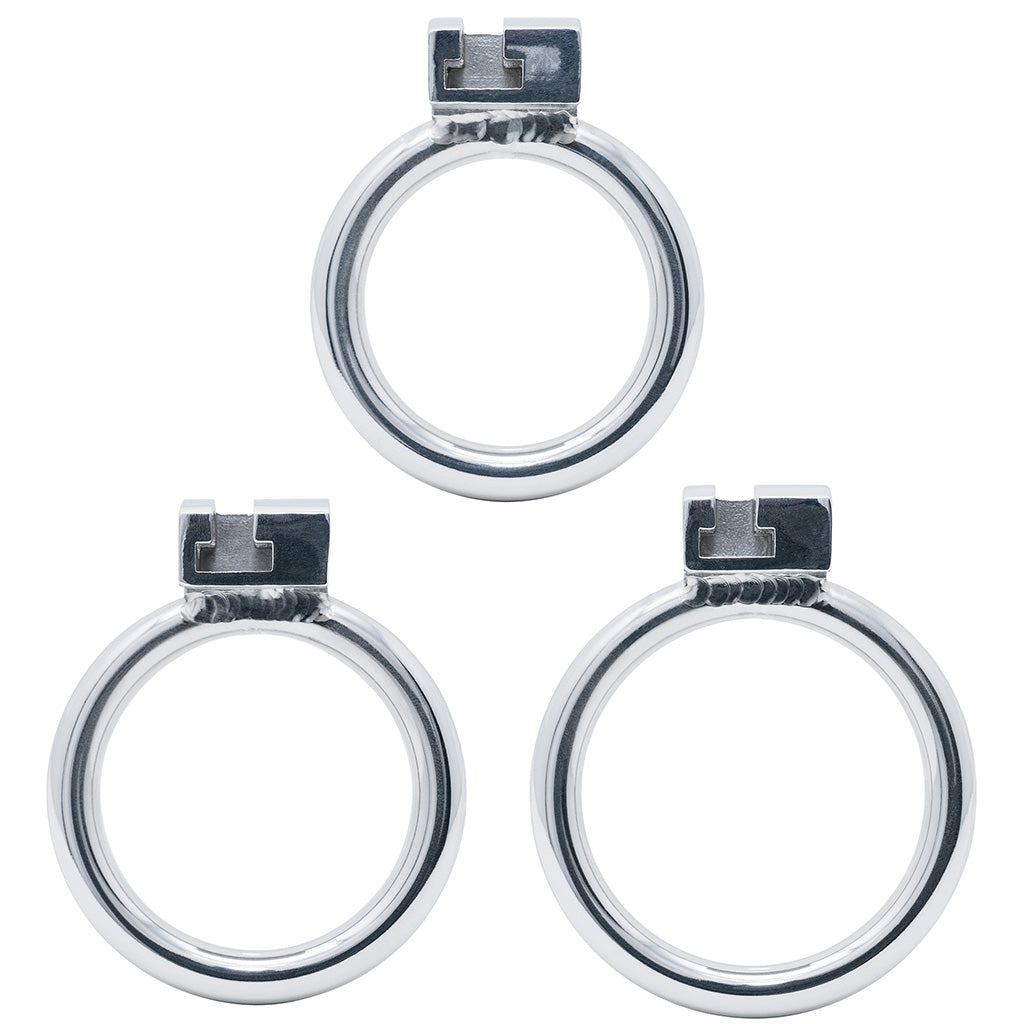 Three stainless steel circular back rings with t-shaped locking tabs at the top, arranged on a plain white background.