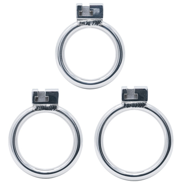 Three stainless steel circular back rings with t-shaped locking tabs at the top, arranged on a plain white background.
