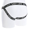 Jockstrap style rear of the black multi strap belt with love printed in silver text.