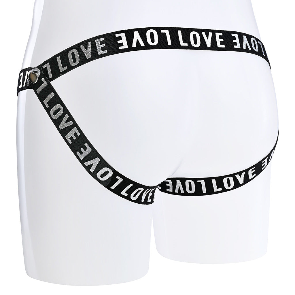 Jockstrap style rear of the black multi strap belt with love printed in silver text.