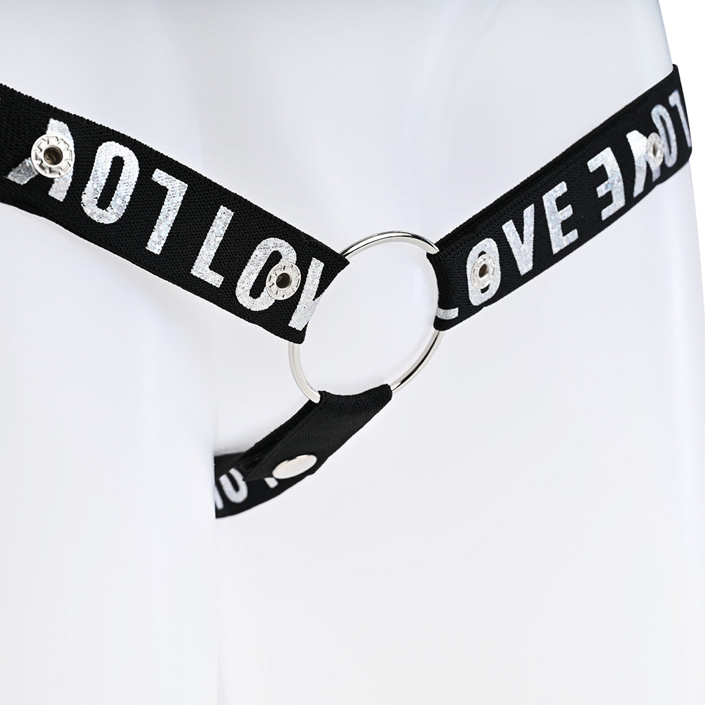 Close up of the black strap with silver love text attached to a metal o-ring.